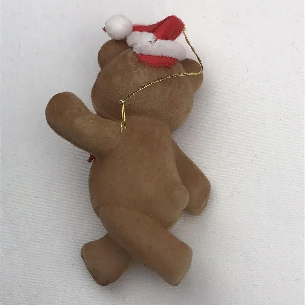Flocked Teddy Bear Ornament Vintage Christmas Santa Hat Bow Tie MCM